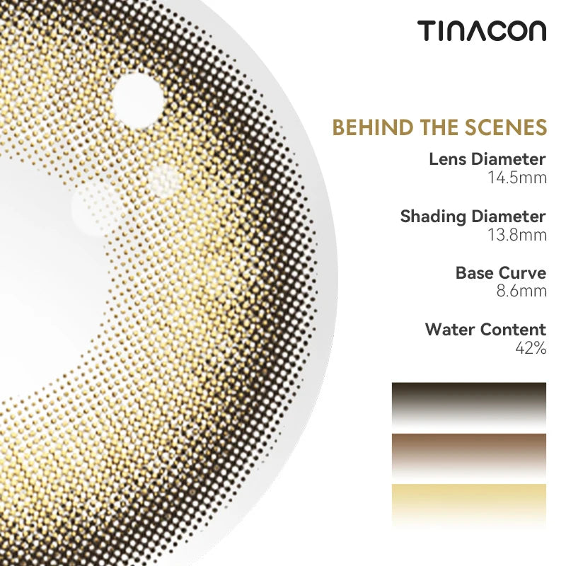 Technical specs for these brown lenses including 14.5mm diameter, base curve, and high water content for elite comfort.