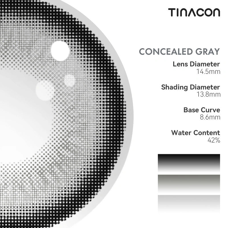 Detailed specs show how these gray contact lenses use a high-standard outer ring to maximize eye definition.