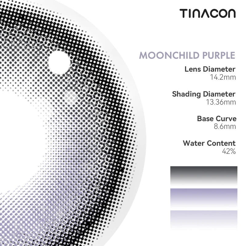 Review the specs of Moonchild Purple colored contacts, designed with a high-standard, dual-tone pigment flow.