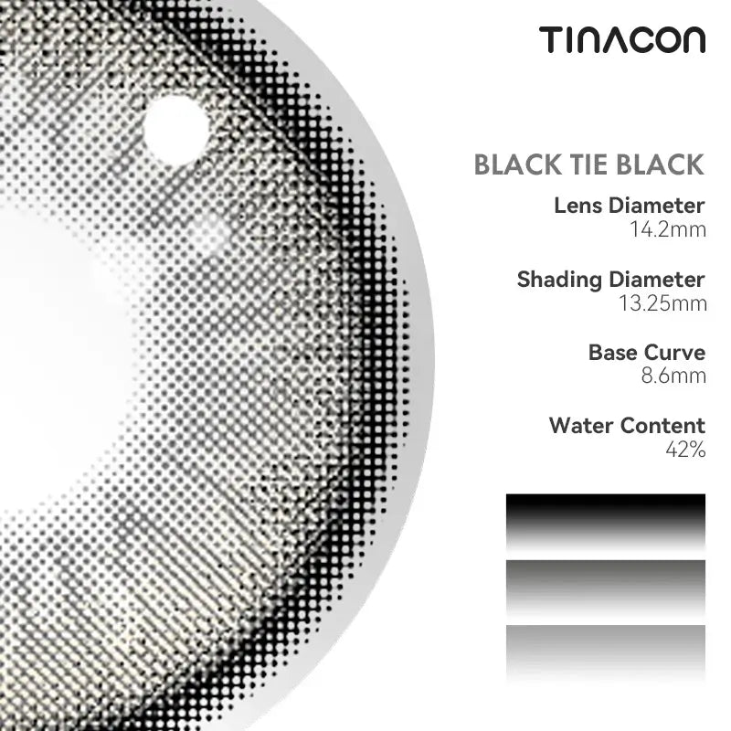 Listing the technical data for these black colored contact lenses: diameter, base curve, and water content.