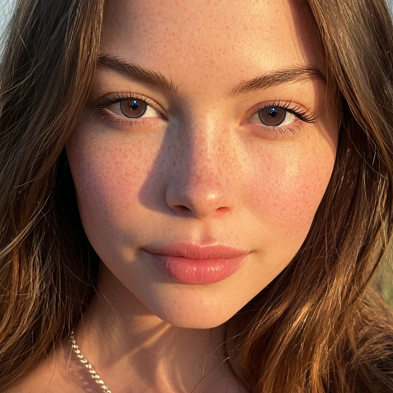 A portrait showcasing Fawn Brown colored contact lenses, designed to broaden the iris for a more youthful appearance.