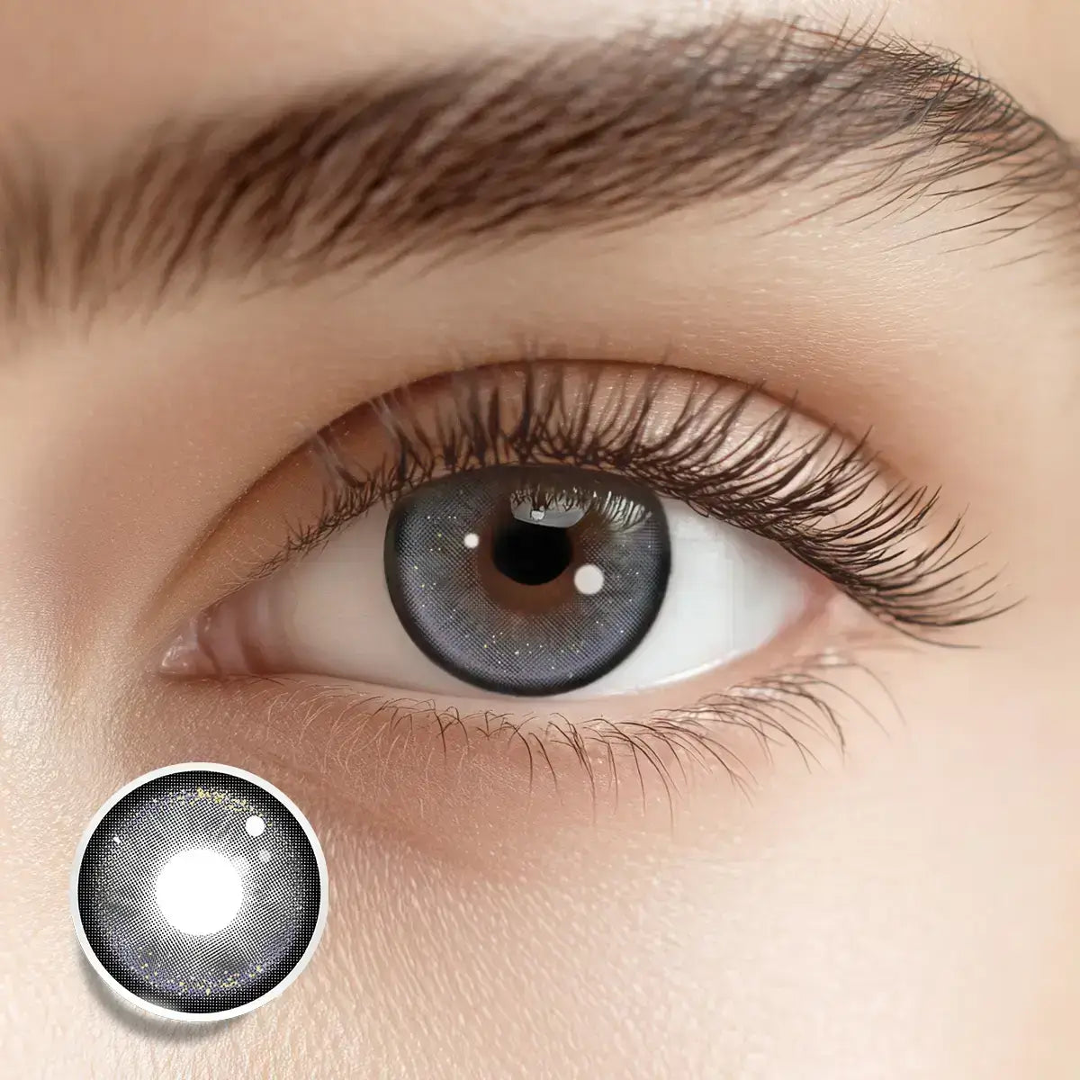 Embracing an elegant purple-gray harmony with Vineyard Gray colored contact lenses for a poised gaze.
