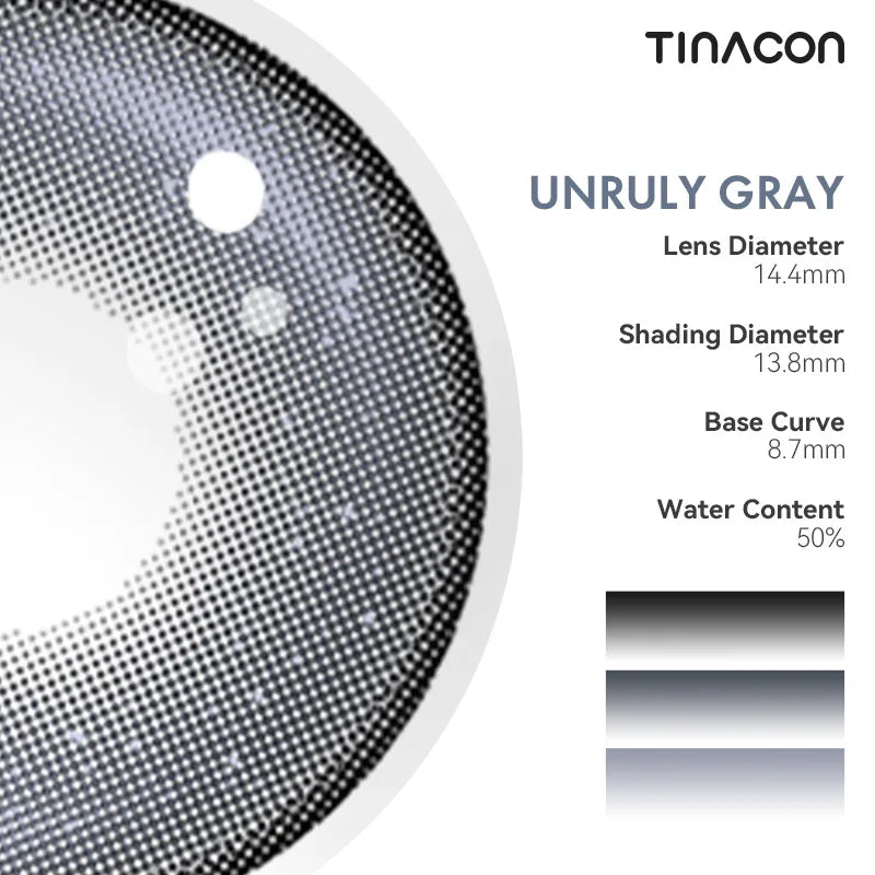 A breakdown of the standards for these gray lenses, specifying the diameter, base curve, and optimal water content.