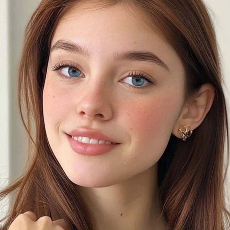 A portrait featuring Aquamarine Blue colored contact lenses, designed to provide a spirited and high-definition glow with a stunning vibe.