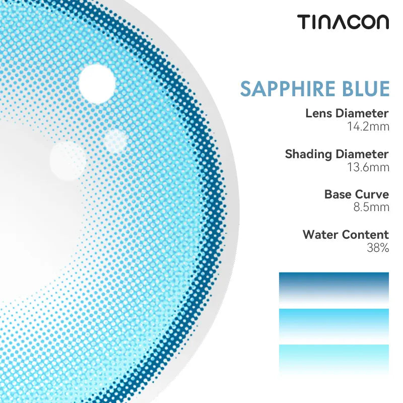 Specifications for these bright blue lenses show a precise design tailored for high-impact styling.