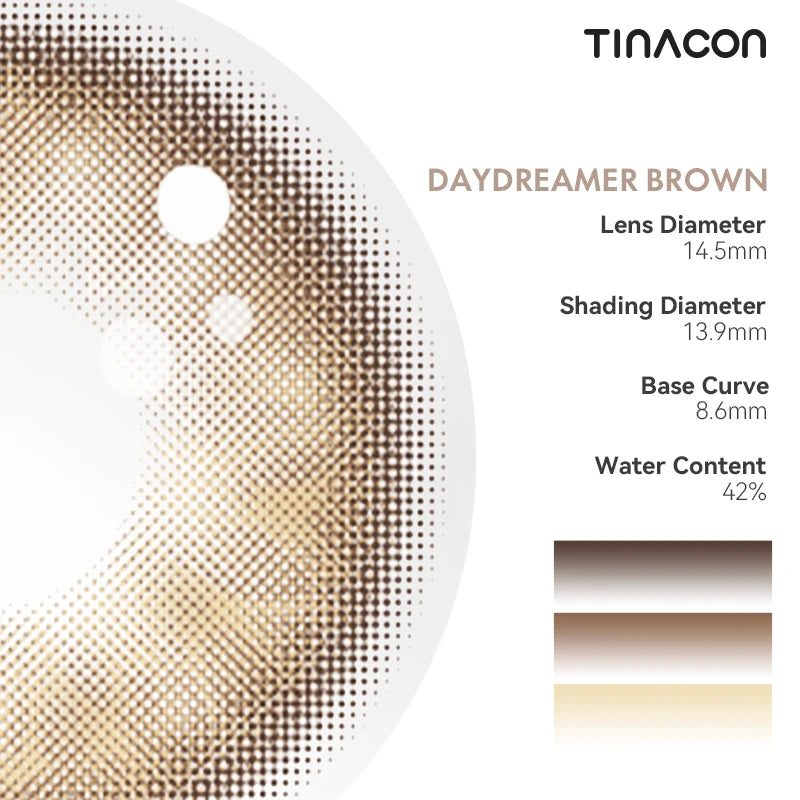 Details of Daydreamer Brown colored contact lenses featuring high-definition pigment and elite large-diameter specs.