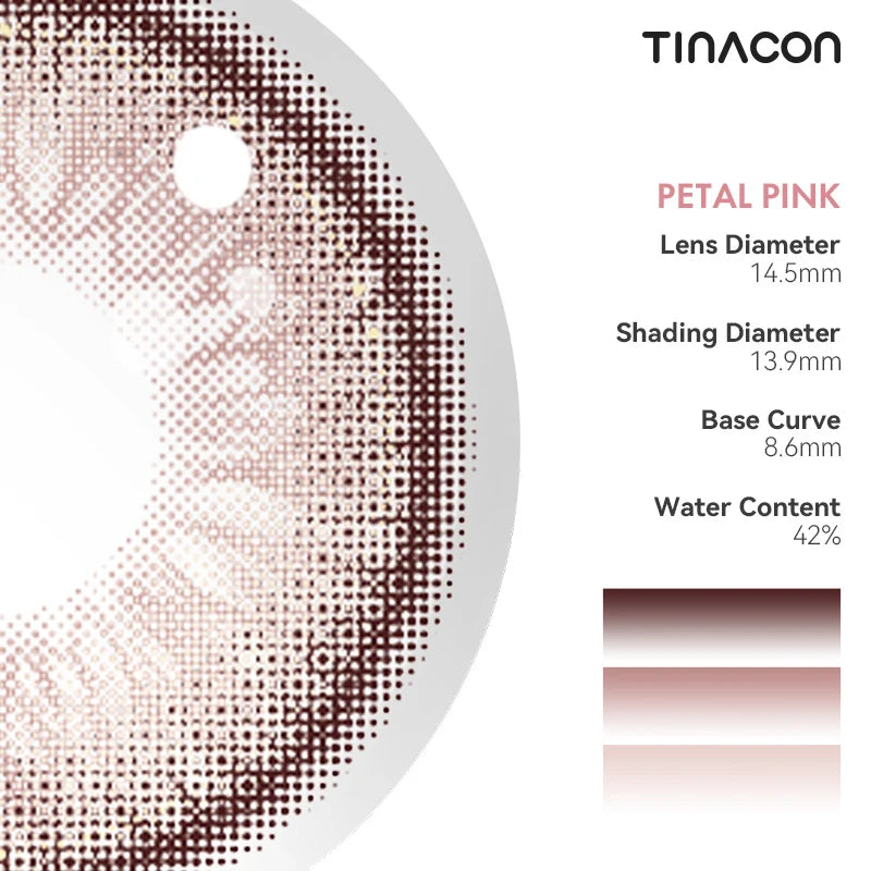 Technical specifications for these pink colored contacts, including diameter and water content for eye-wear comfort.