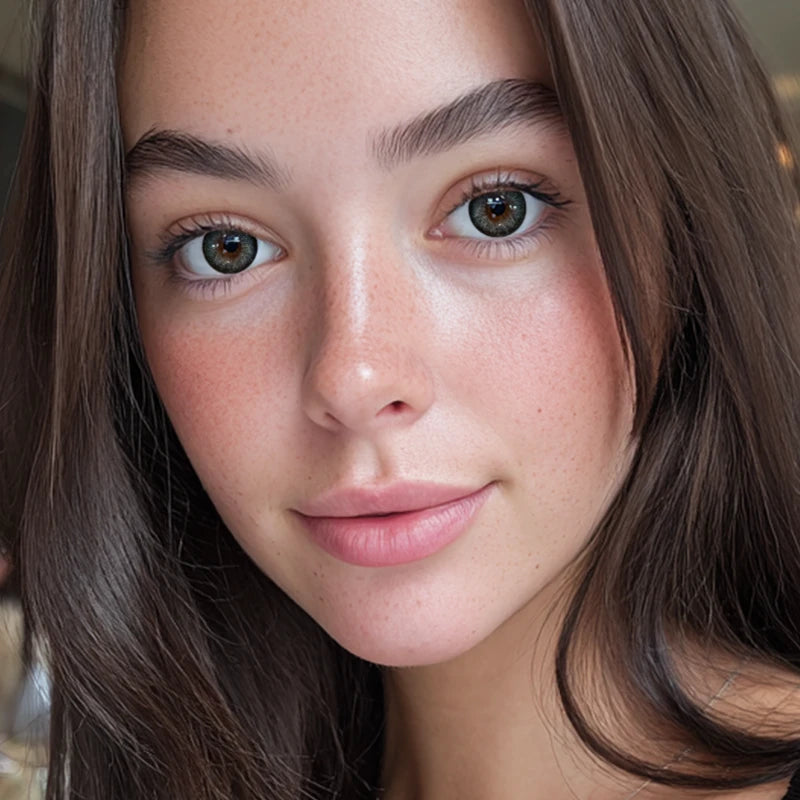 A captivating portrait showcasing Milky Way Gray colored contact lenses, blending a starry silver mist with a deep, structured radial design.