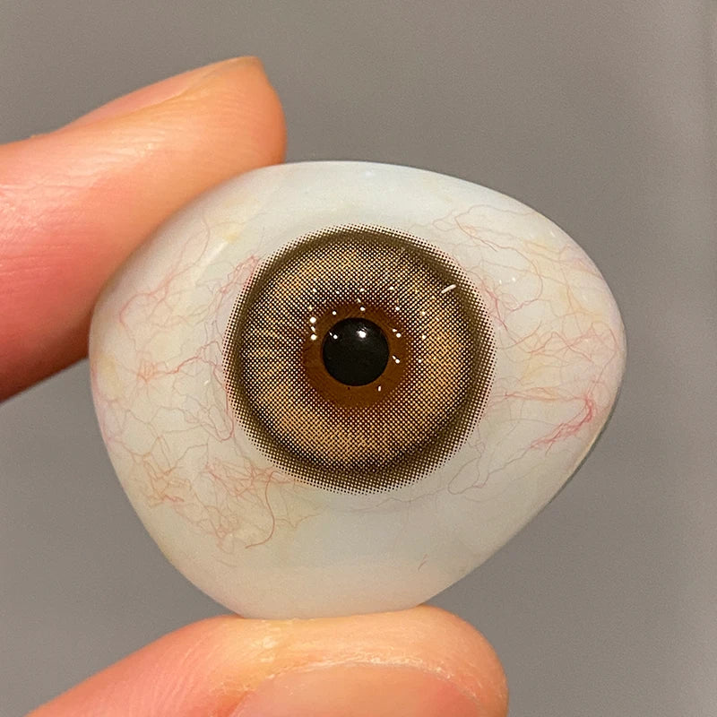 Real-life view of this translucent brown lens on fingertip, showing the authentic soft texture and premium quality.