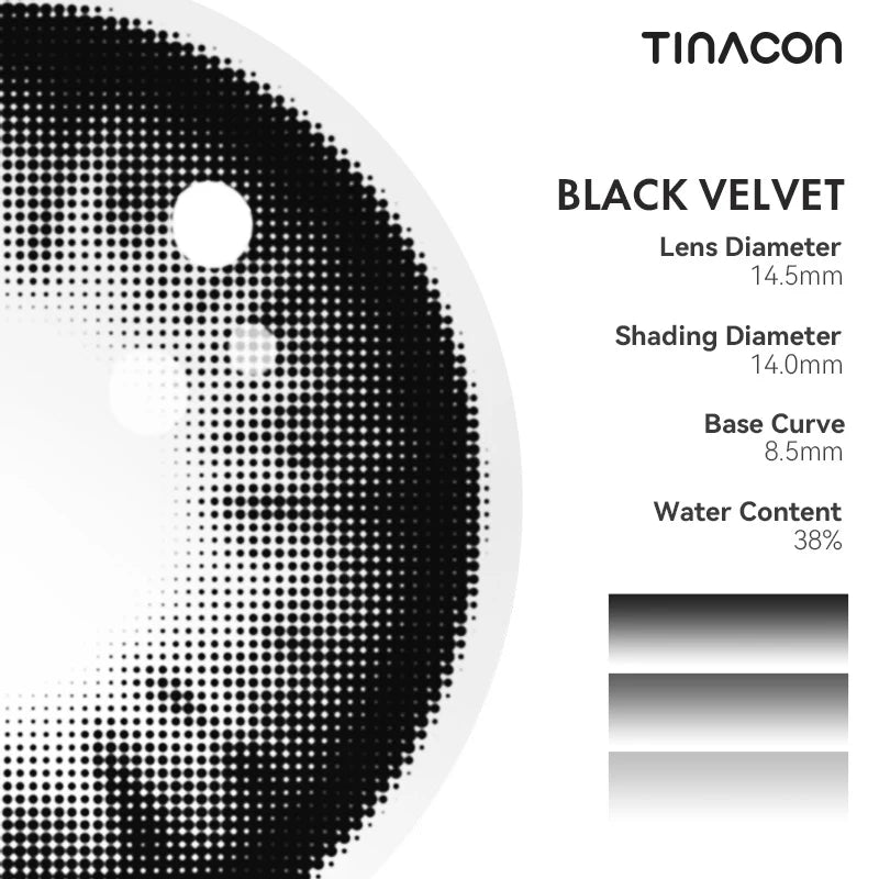 Key measurements including diameter and base curve outline the design of these black colored contacts.