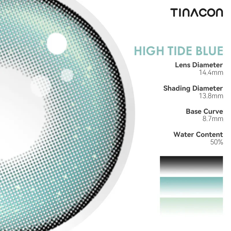 Technical specifications for these blue colored contact lenses, detailing the precise diameter, base curve, and water content.