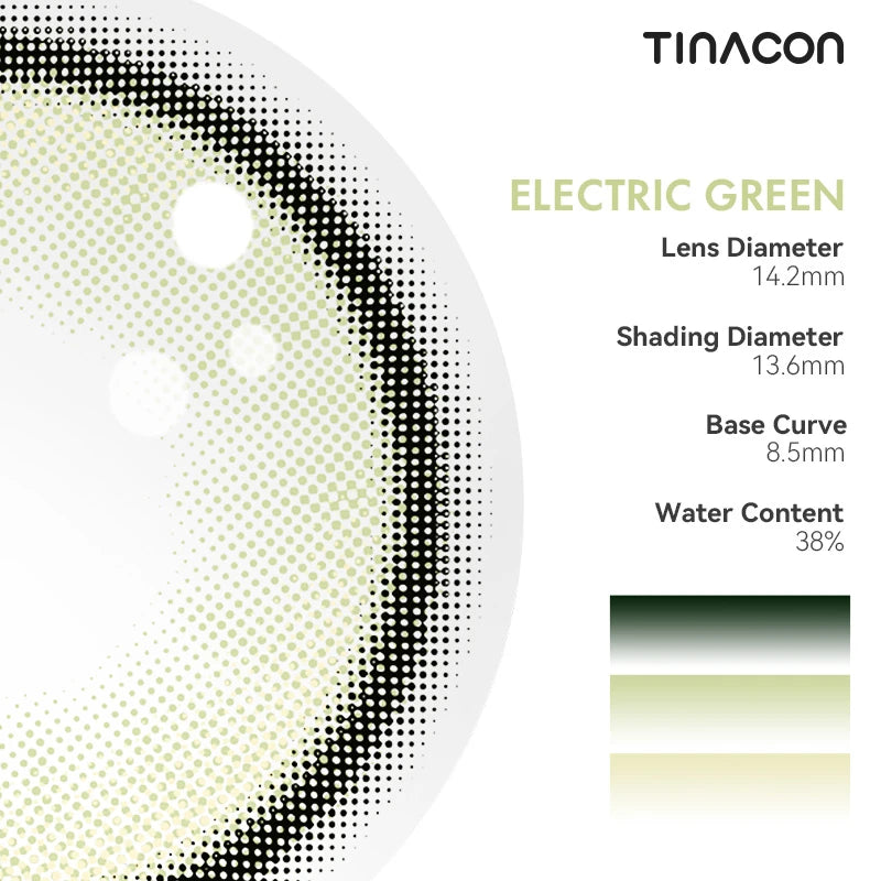 Detailed specs for these green lenses: diameter, base curve, and moisture for premium eye comfort.