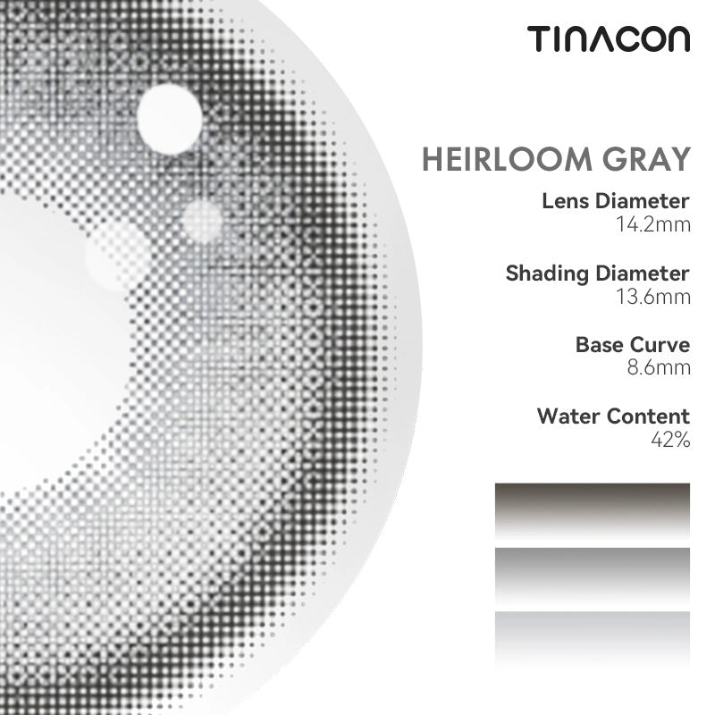 Details of these gray colored contact lenses featuring a thin limbal ring for a sophisticated, defined gaze.