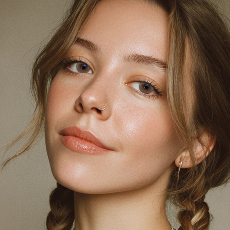 A gracefully refreshing portrait featuring Green Tea Brown colored contact lenses, blending earthy tones with a whisper of forest-inspired light.