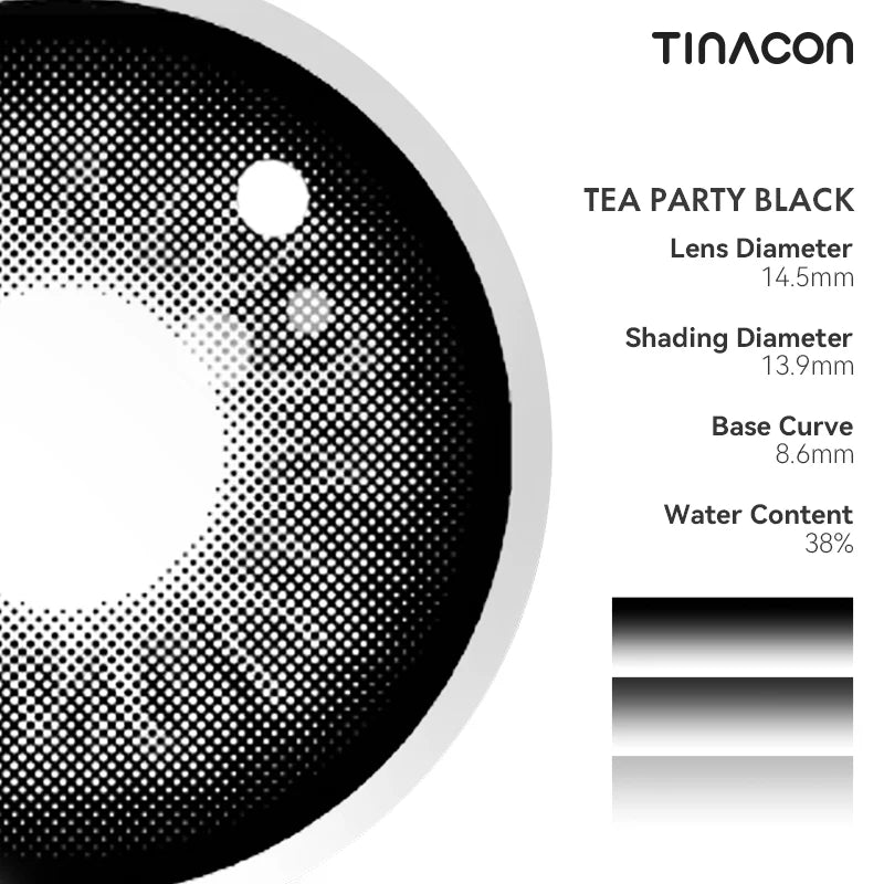 Technical specifications detail the pigment layering used to achieve the high-definition visual vitality of Tea Party Black colored contacts.