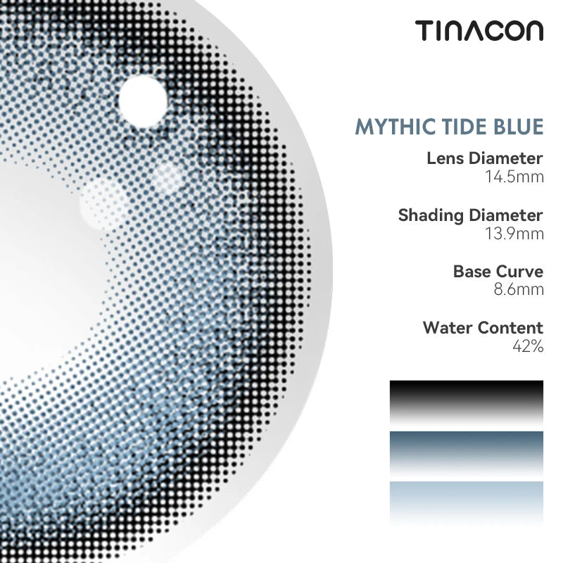 Specs for these blue lenses: diameter, graphic diameter, base curve, and water content for high-standard comfort.