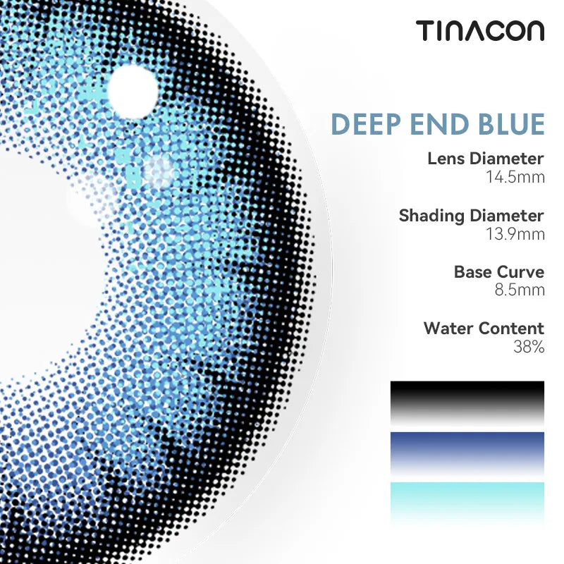 Technical details for these blue colored contacts, balancing precise diameter with a vivid, artistic design.