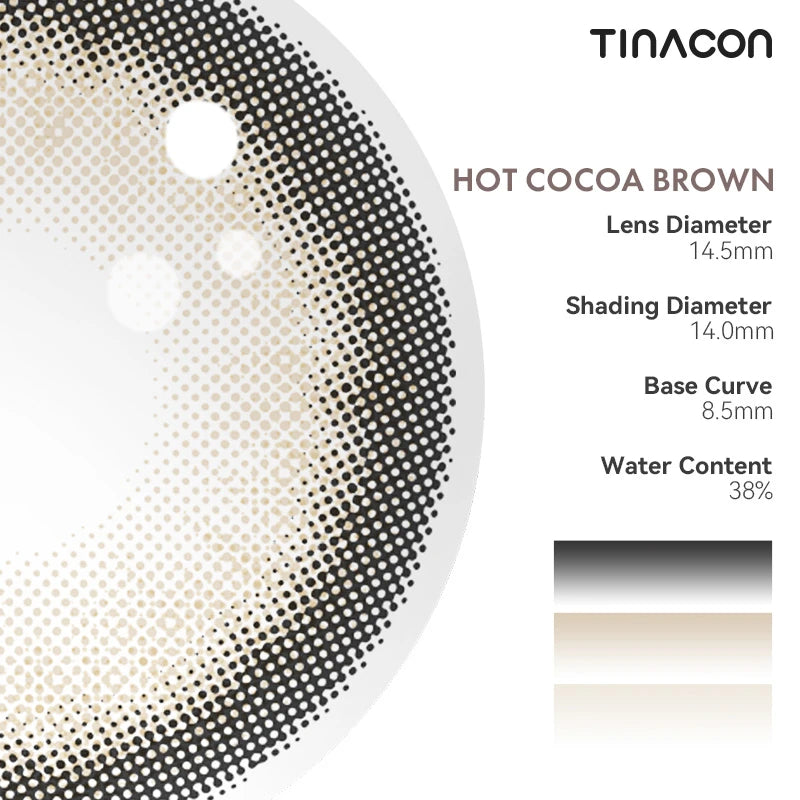 Technical data for these brown colored contacts: diameter, base curve, and water content.