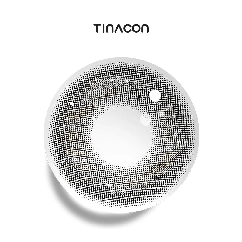 Sheen Gray colored contact lenses featuring a misty pearl-to-ash gradient and a delicate, translucent finish.