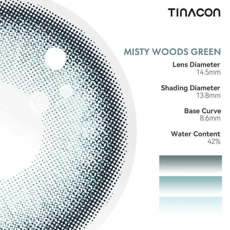 Detailed specs for these colored contacts: diameter, graphic diameter, base curve, and water content for high-standard comfort.