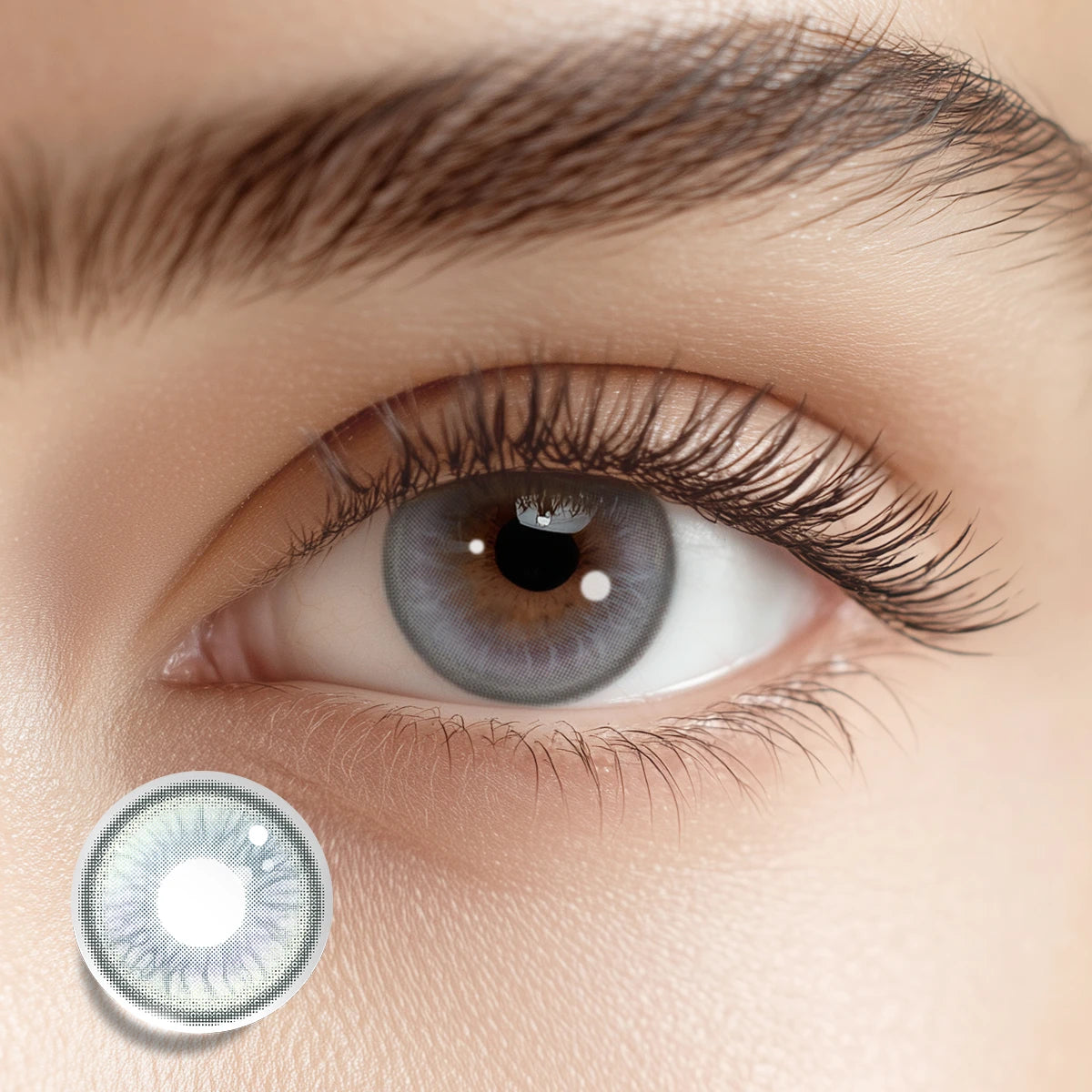 Close-up of a high-end gaze featuring Cosmic Whisper colored contacts for an ethereal eye transformation.