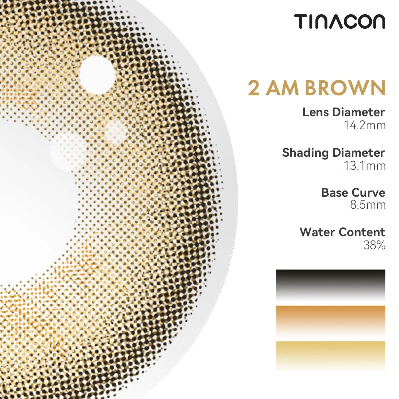 This layout displays the diameter, base curve and water content that define these brown colored contacts.