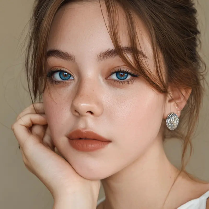 A portrait showcasing Deep End Blue colored contact lenses, designed with a signature print to add an avant-garde edge to any look.