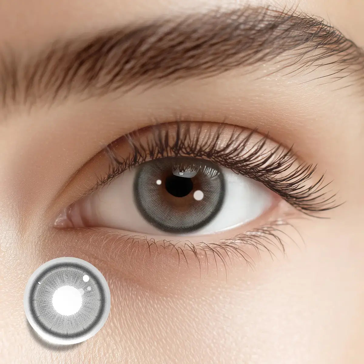 Creating a bright stare with Vanilla Gray colored contacts, featuring a light gray hue that illuminates the eyes with a soft-focus glow.