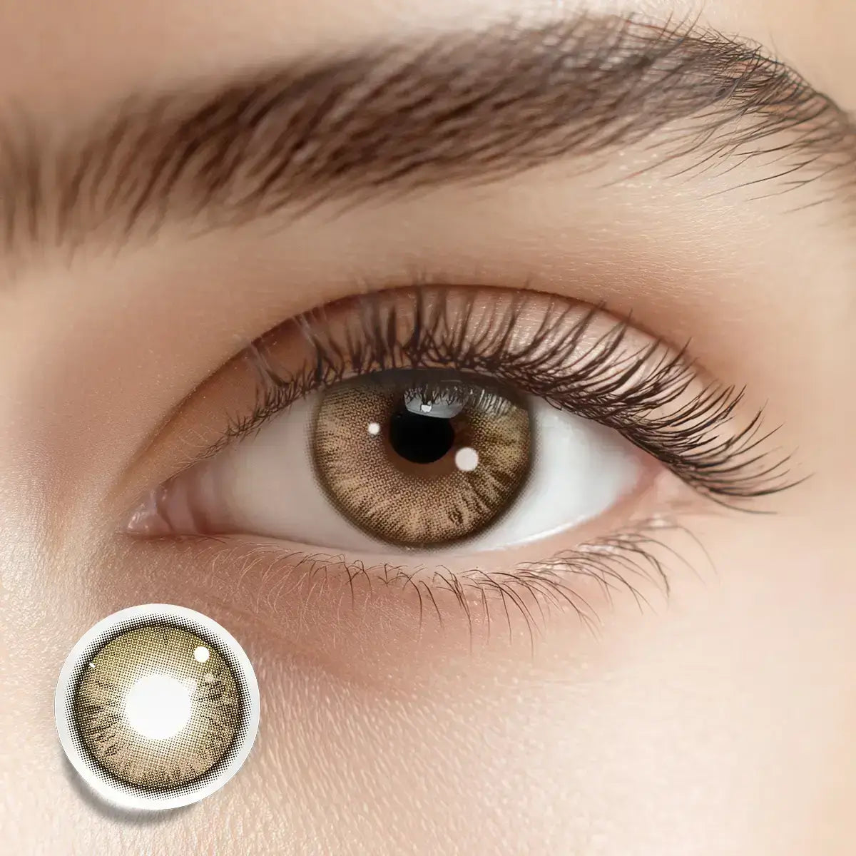 Showcasing a mesmerizing, authentic look with Gilded Ash colored contacts, featuring an irregular iris pattern for a raw and captivating gaze.