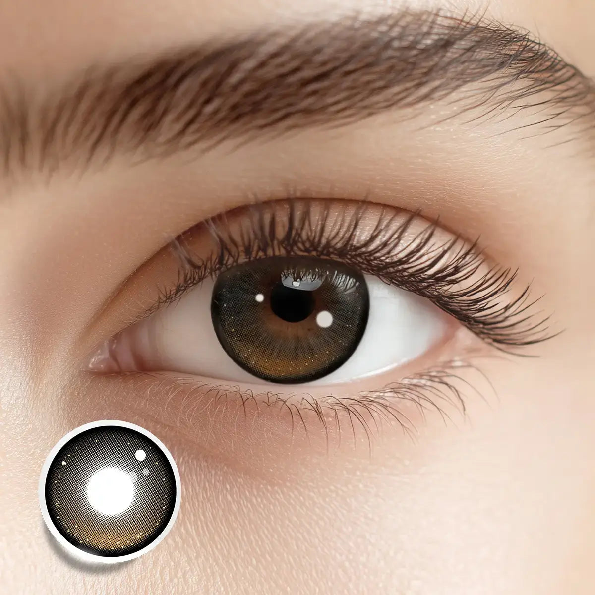 Evoking a celestial mystery with Cosmic Halo colored contacts, where a veil of floating stardust creates a mesmerizing, multi-layered gaze.