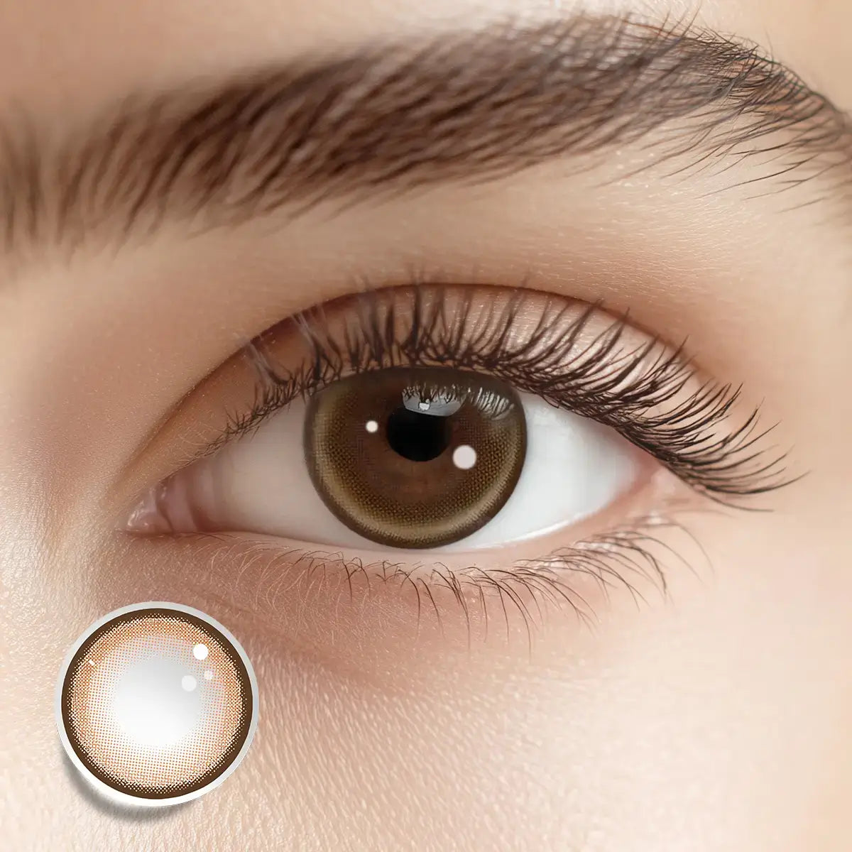 Radiating energy with a vivid orange-brown tone using Citrus Brown colored contacts for a zestful, sun-drenched gaze.