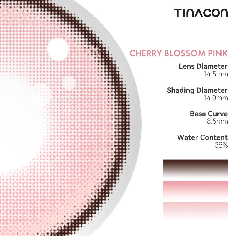 Review the diameter and base curve of these pink colored contacts, designed for a high-impact character look.