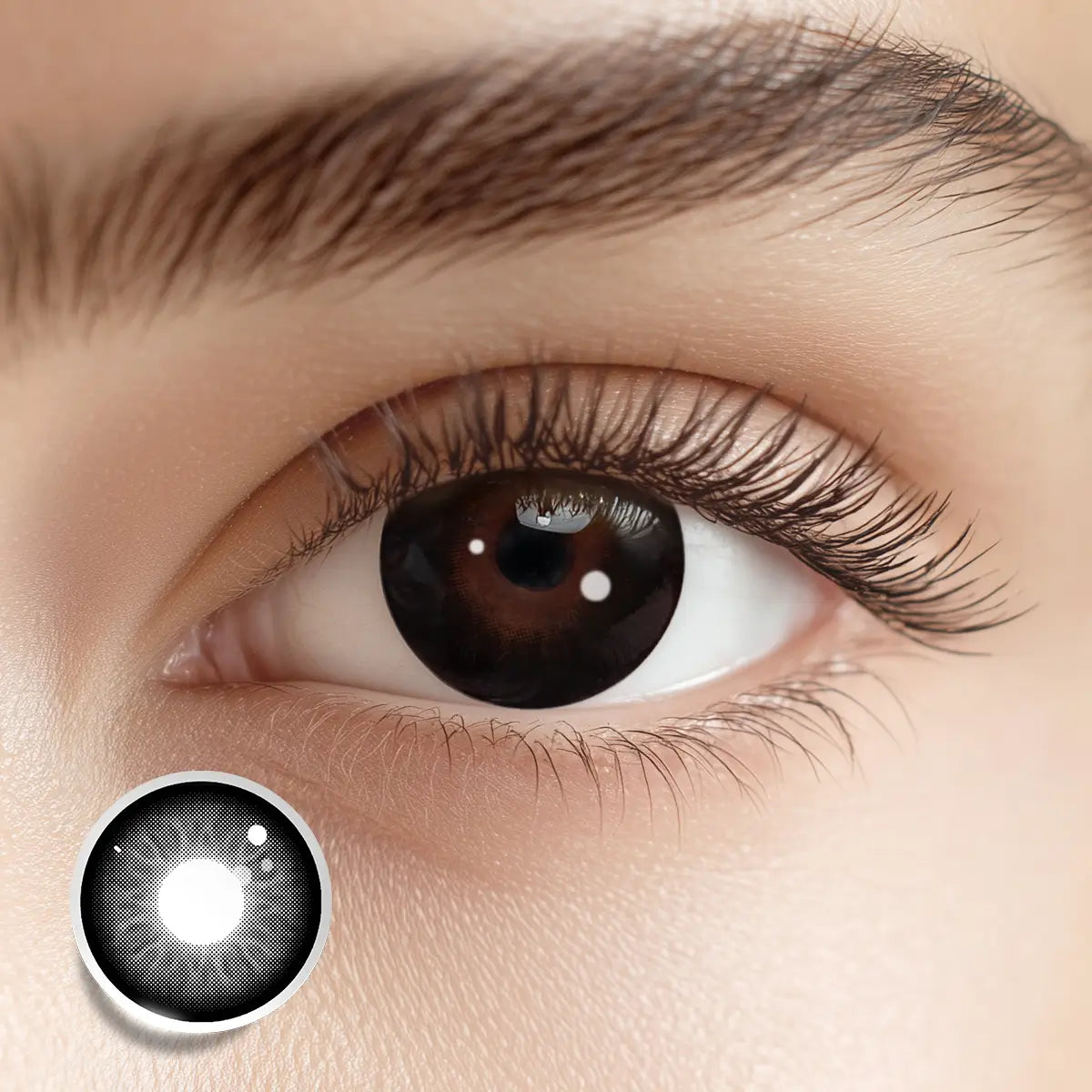 Showcasing a spirited look with Tea Party Black colored contacts, featuring high-definition visual vitality that makes the eyes sparkle with clarity.