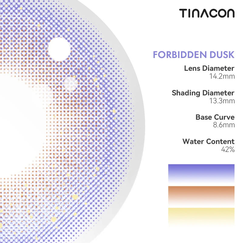 Detailed specifications for these light purple colored contact lenses: diameter, base curve, and optimal water content.