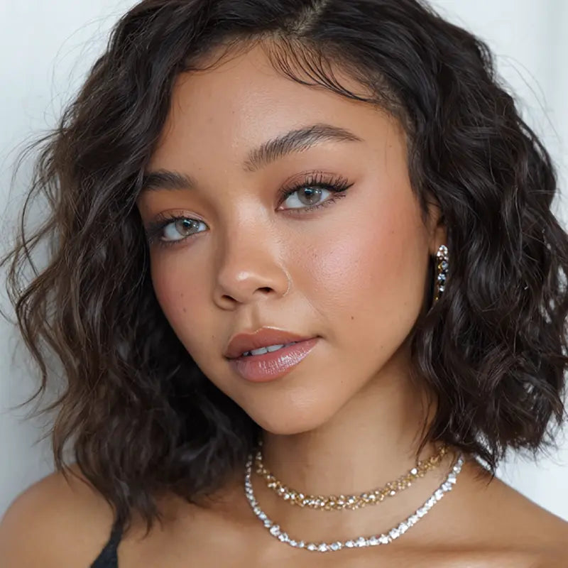 A portrait showcasing Blush Bomb Pink colored contact lenses, lending a soft-focus to the wearer’s gaze.