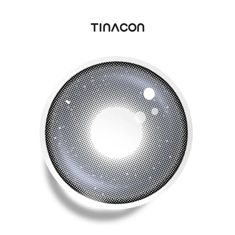 Unruly Gray colored contact lenses showcasing a unique symmetrical highlight design curated for a sophisticated, bright-eyed effect.