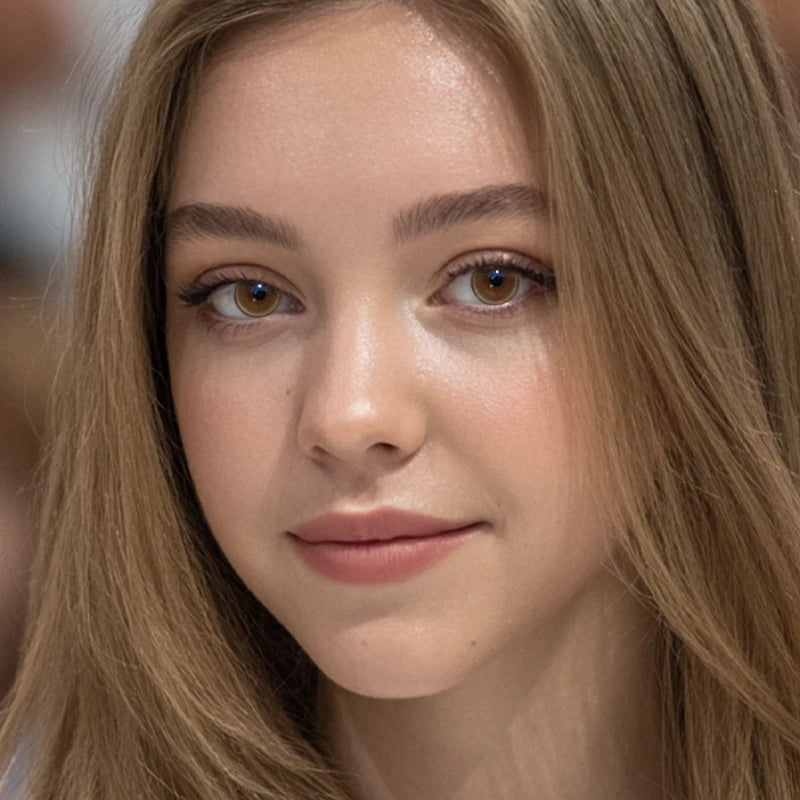 A vibrant portrait featuring Citrus Brown colored contacts that instantly brighten the complexion with warm, marmalade hues.