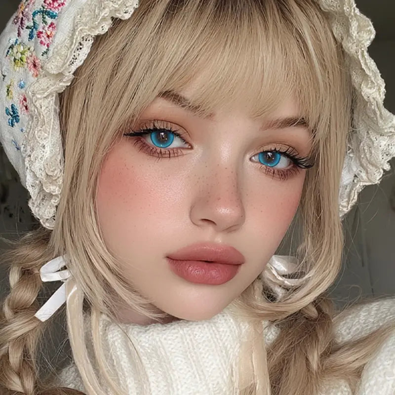 A portrait featuring Sapphire Blue colored contact lenses, designed to provide a brilliant and spirited eye transformation.