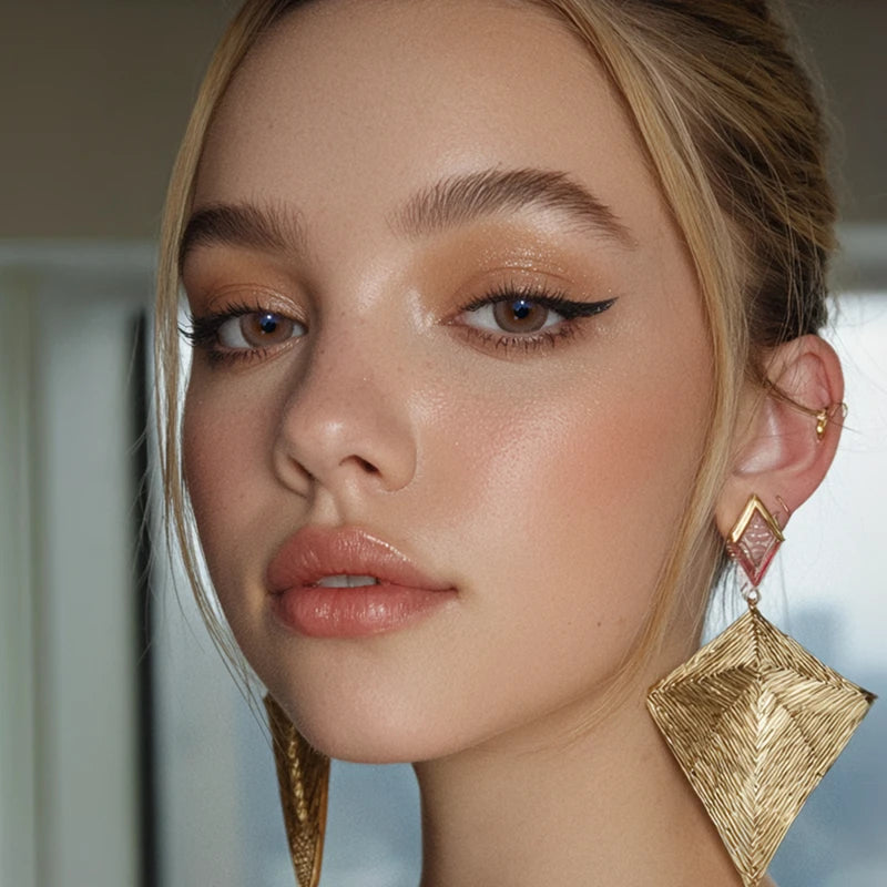 A gracefully muted lifestyle look featuring Earthy Brown colored contact lenses, perfectly complementing a soft, neutral-toned makeup palette.