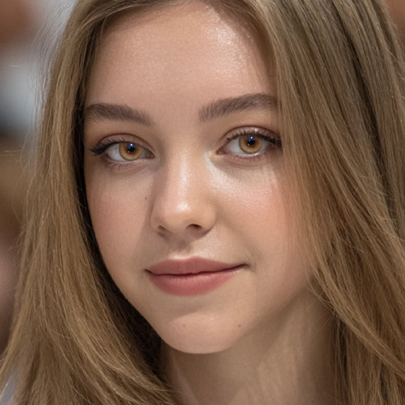 A radiant lifestyle portrait featuring Caramel Drizzle colored contact lenses, adding a sun-drenched, amber luminosity to the overall look.