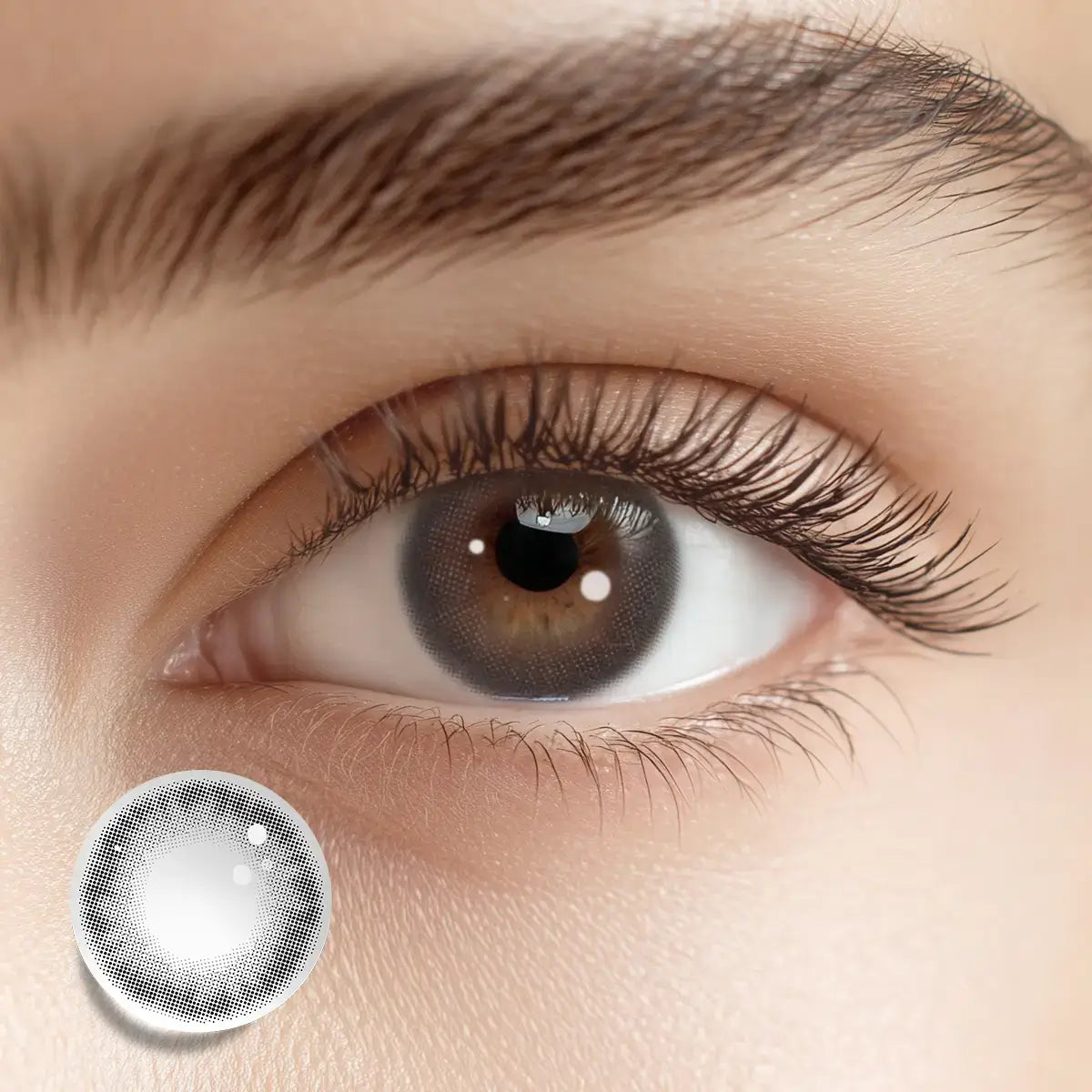Achieving a soft look with Smokeshow Gray colored contacts, featuring a misty fog texture.