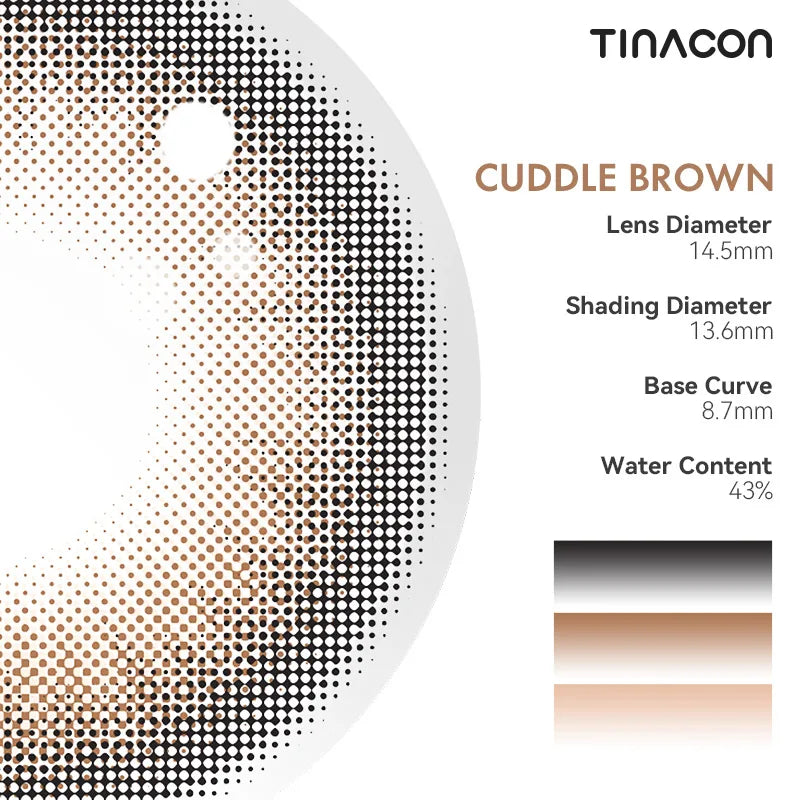 Detailed specs for these brown colored contacts show a high-standard design for a smooth, natural finish.