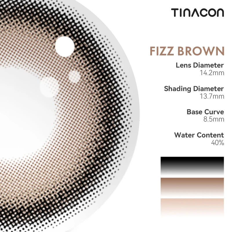 Technical specs highlight the dense, well-defined outer border designed to anchor the warm caramel tones of the lens.