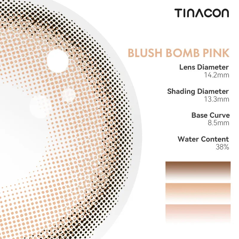 Technical specs for these pink colored contact lenses: diameter, base curve, and water content.