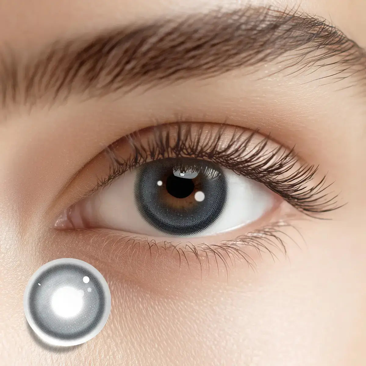 Achieving a bright gaze with Half Moon Gray colored contacts for a luminous and ethereal eye look.