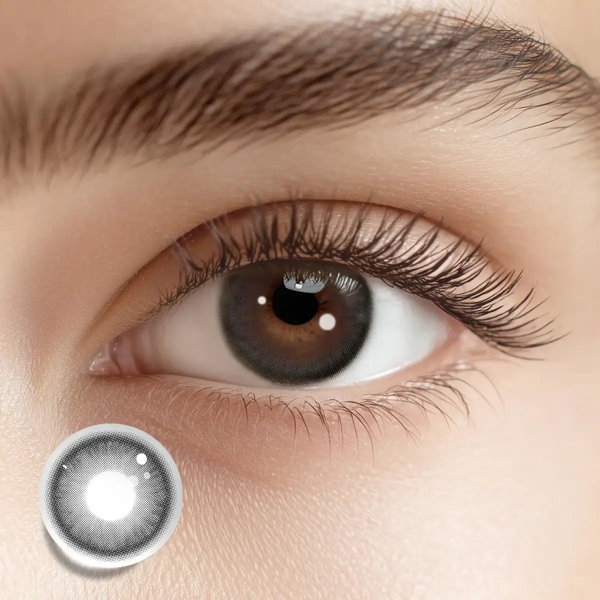 Capturing a pristine gloss finish with Wet Look Black colored contacts for a hydrated, dewy gaze.