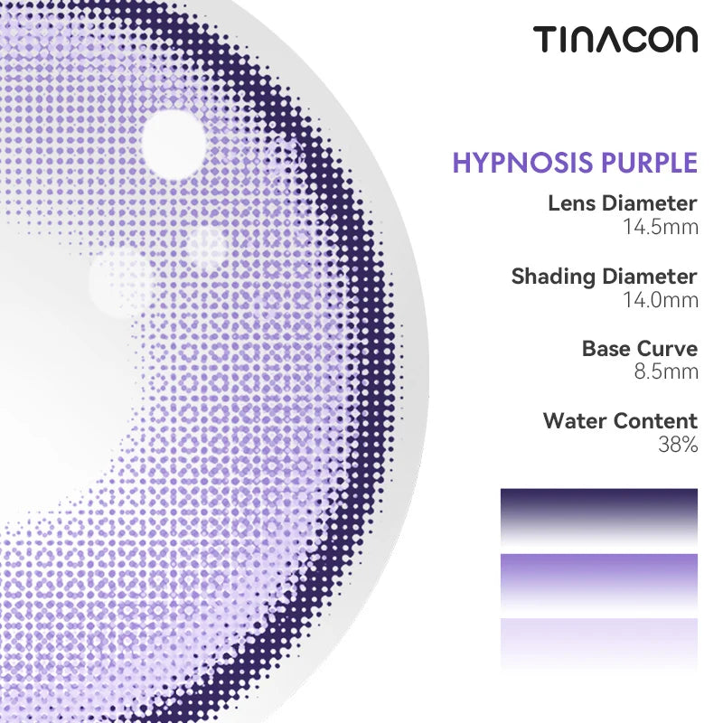 Detailed specs for these purple colored contacts, designed with high opacity for a striking character finish.