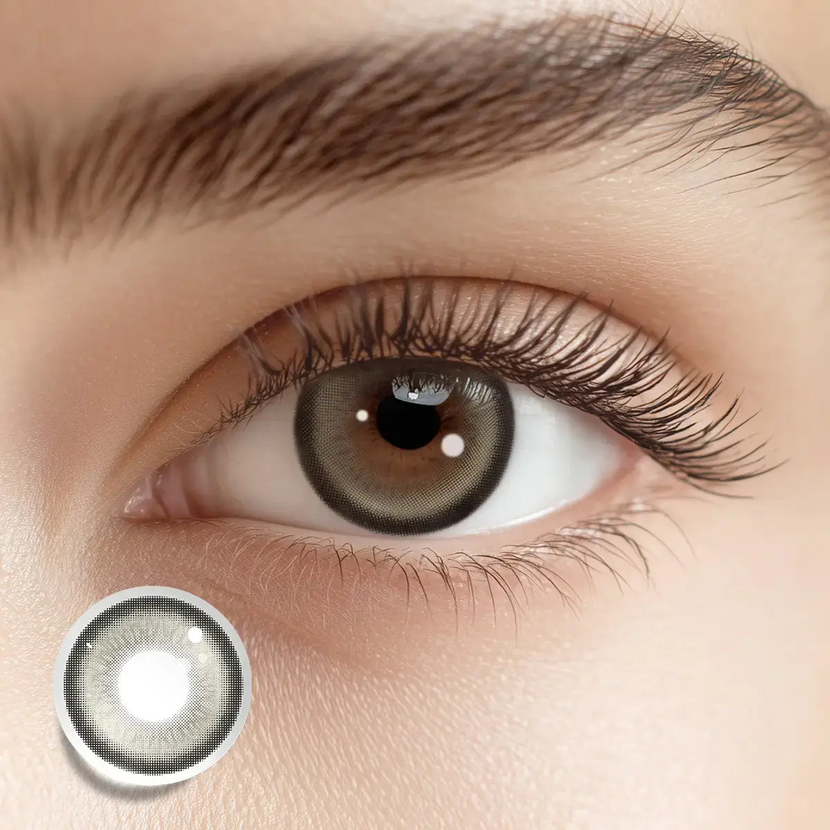 Framing the eyes with a defined natural border using Soft Linen Brown colored contacts for a polished look.