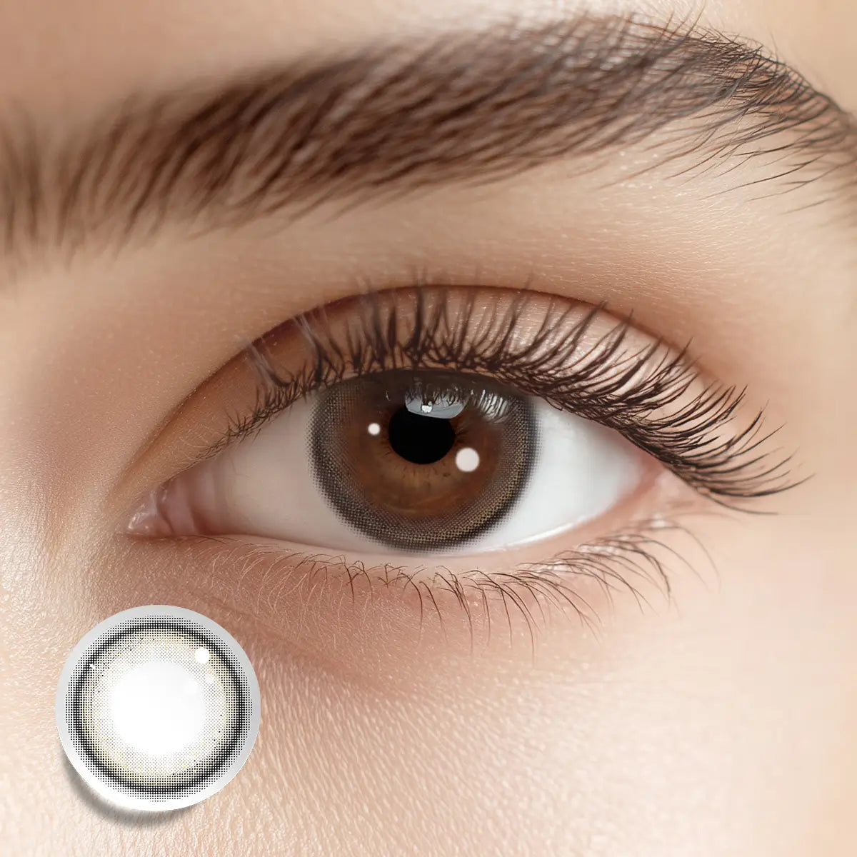 Exhibiting a subtle brilliance with Autumn Cozy Brown colored contacts for a warm, flickering gaze.