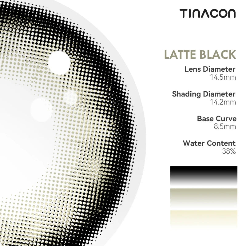 Technical data for these black colored contacts: diameter, base curve, and water content.